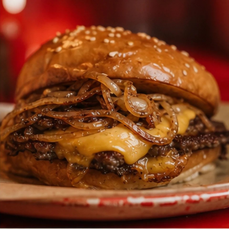 Burgerul Bucureșteanul cu ceapă rumenită și cheddar dublu