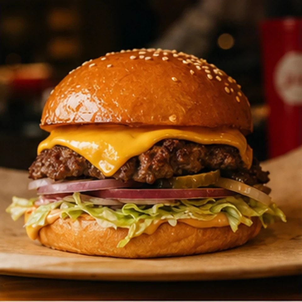 Burgerul Clasicul cu cheddar, castraveți murați și ceapă