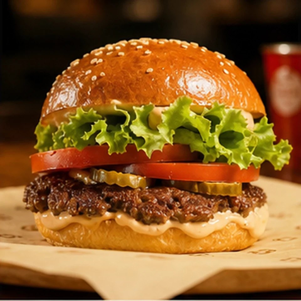 Burgerul Domnișoara cu salată, roșii și sos secret