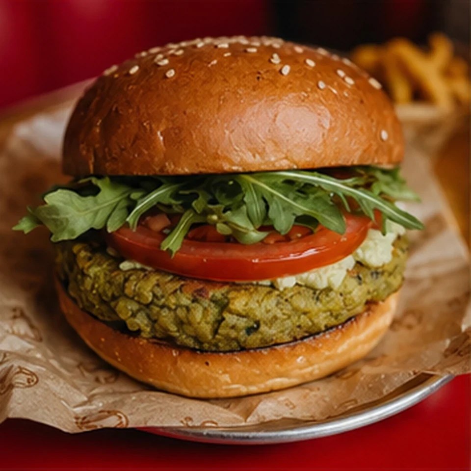 Burgerul Verde cu patty de legume, roșii și salată